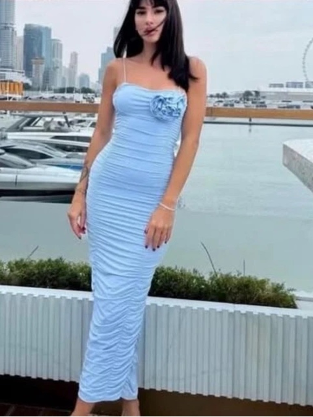 Zara Light Blue Ruched Maxi Dress with Floral Bust Detail